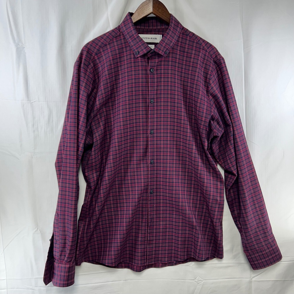 Mizzen+Main Button Down Shirt Mens XXL Red Navy Plaid Trim Fit FL-3001